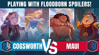 PLAYING FLOODBORN SPOILERS! Cogsworth VS Maui - Disney Lorcana TCG IRL gameplay