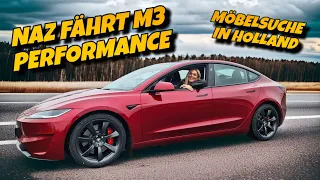 Für Naz das erste Mal im Tesla Model 3 Performance! Ausflug zum Möbelhaus in Holland.