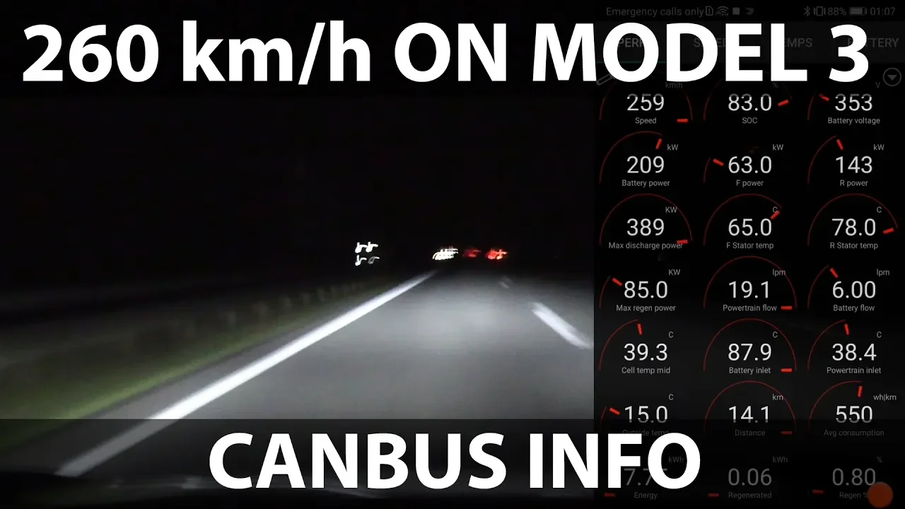 Model 3 driving at 260 km/h with Scan My Tesla info