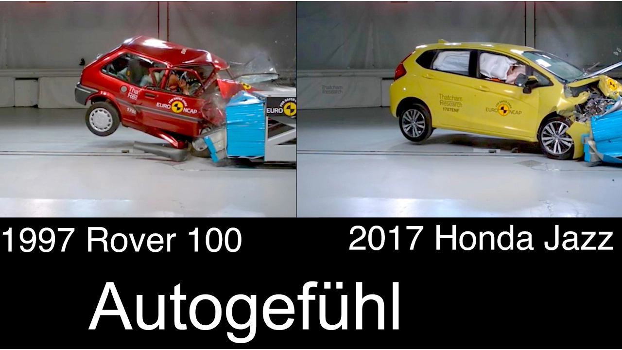 20 years of crash test evolution comparison 1997 Rover 100 vs 2017 Honda Jazz