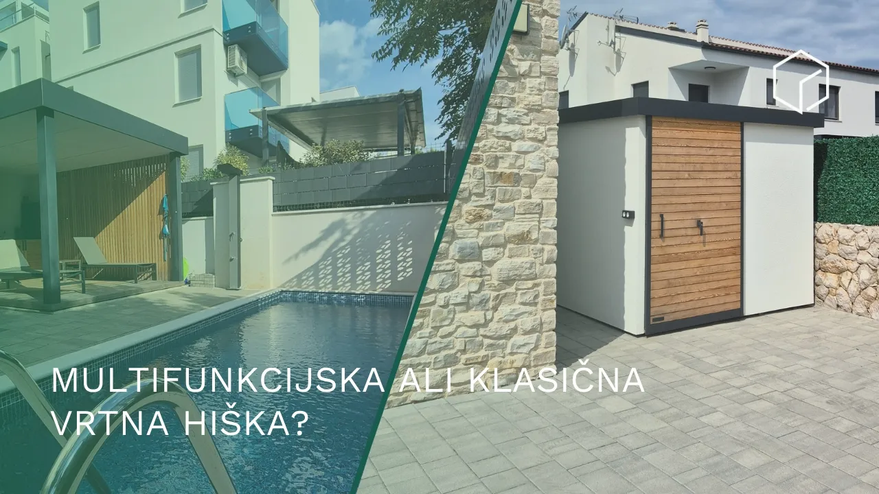 Vrtna hiška ob bazenu, ki ima kar svojo kopalnico