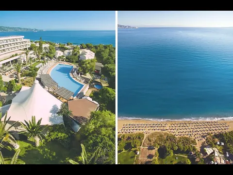 Außenansicht des Agapi Beach Resorts mit Pool und Strand.