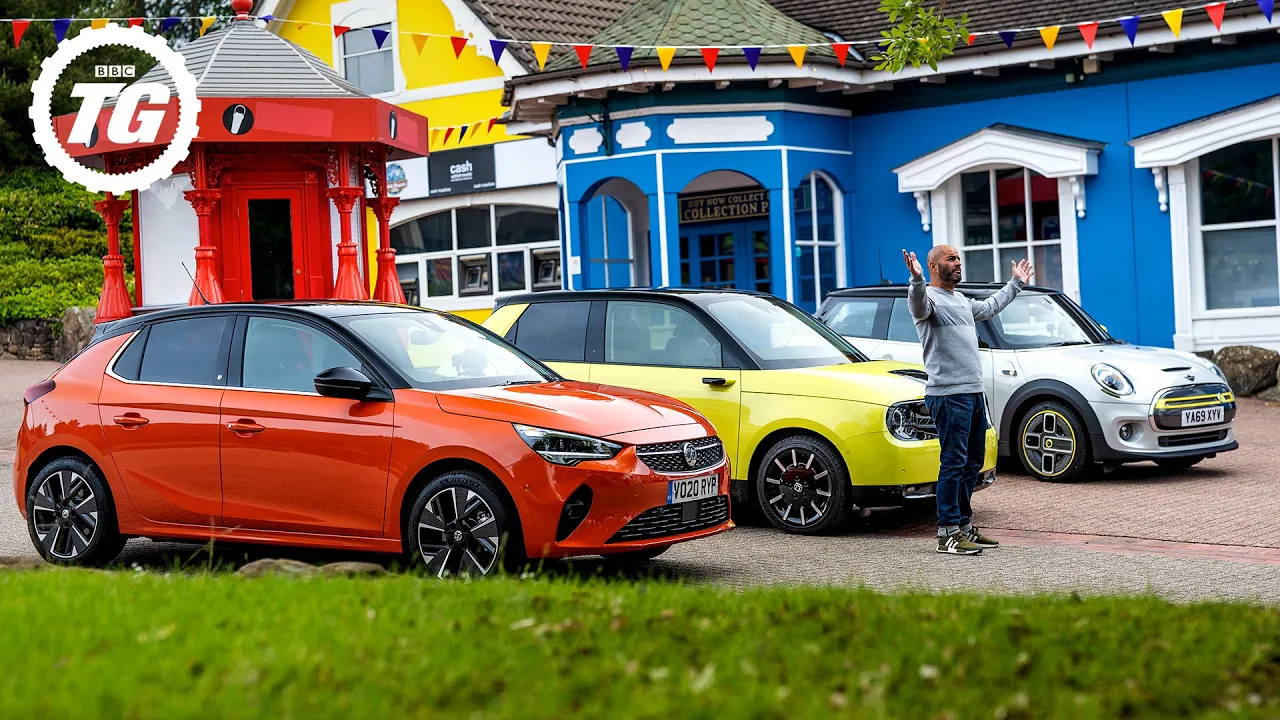 HONDA E vs CORSA-E vs MINI ELECTRIC: Racing EVs around empty Alton Towers | Top Gear
