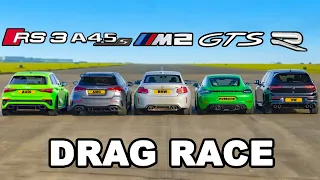 Audi RS3 v AMG A45 v BMW M2 v Porsche Cayman GTS v VW Golf R: DRAG RACE