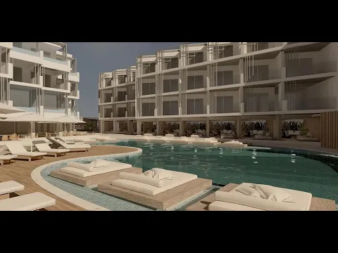 Illustration des Akasha Beach Hotel & Spa mit Poolbereich und Liegestühlen.