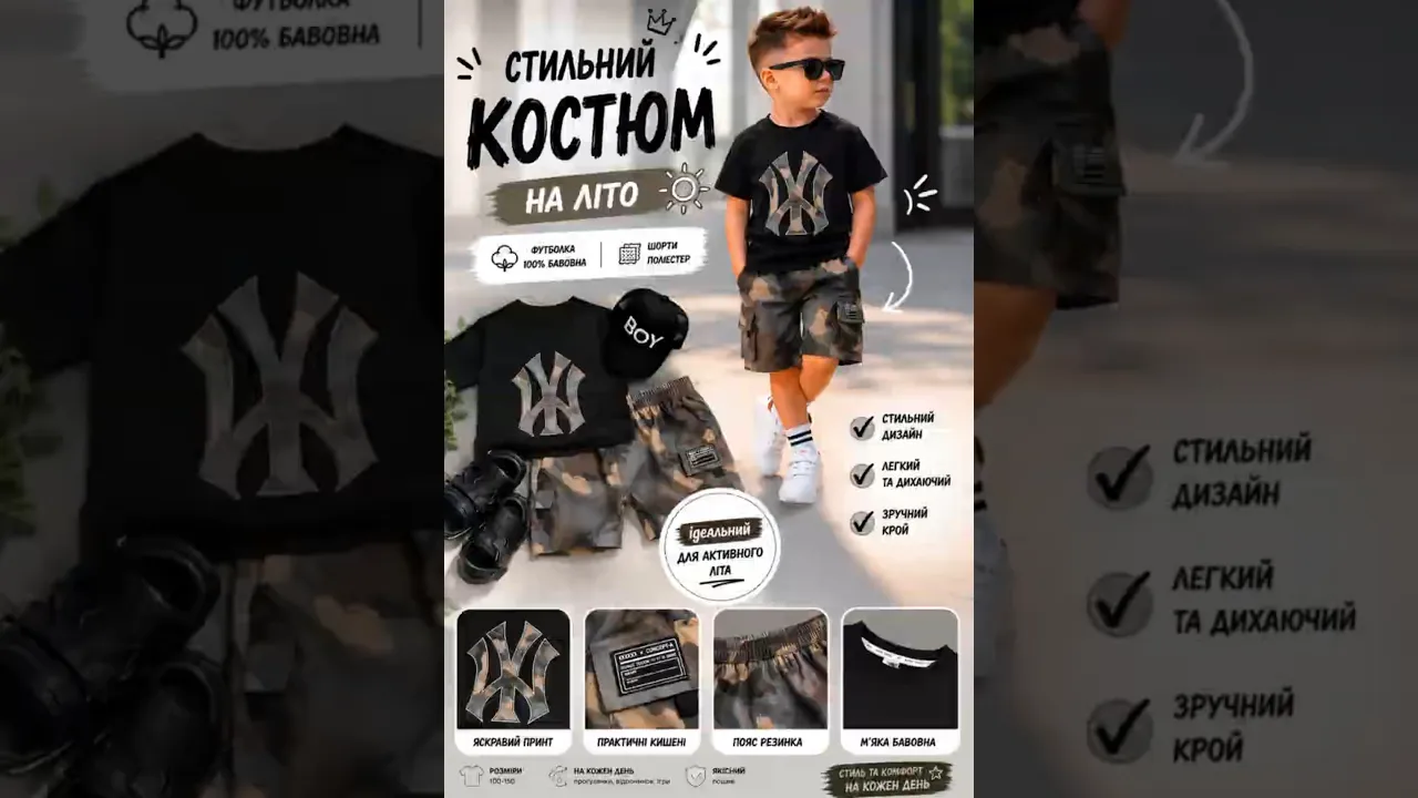 Літній костюм для хлопчика чорний з камуфляжними шортами