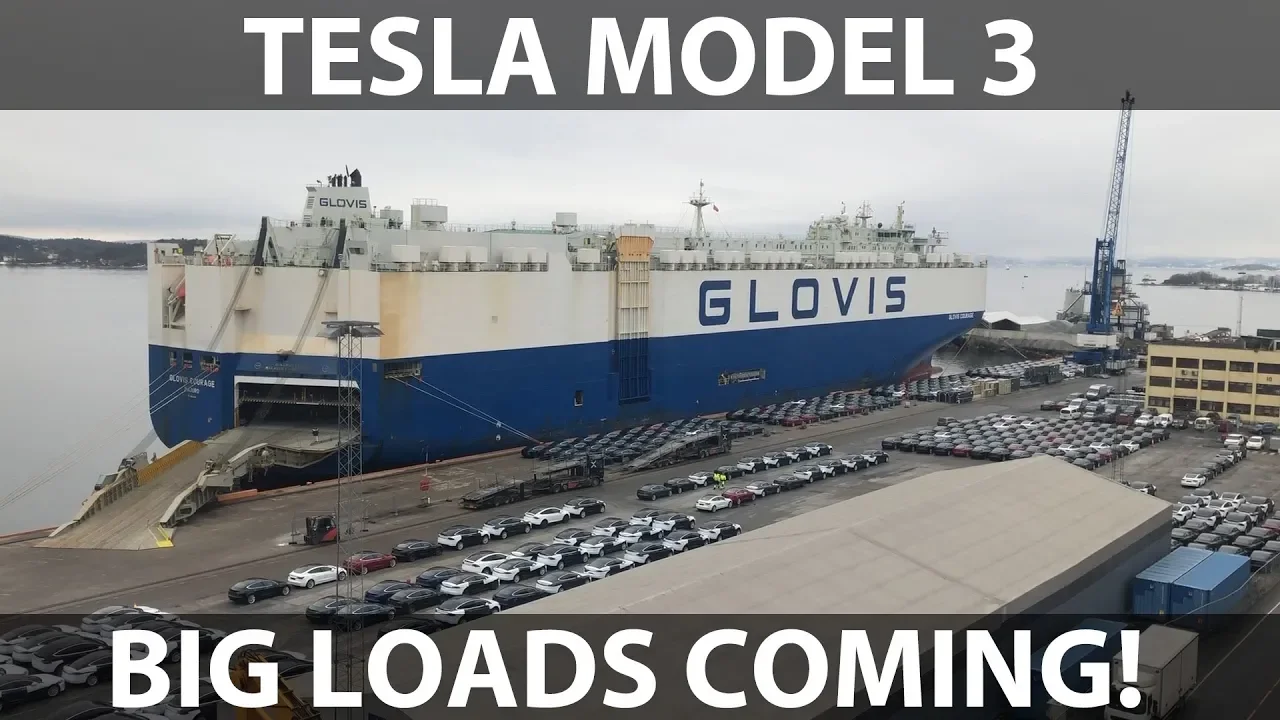Big load of Model 3 arriving in Oslo