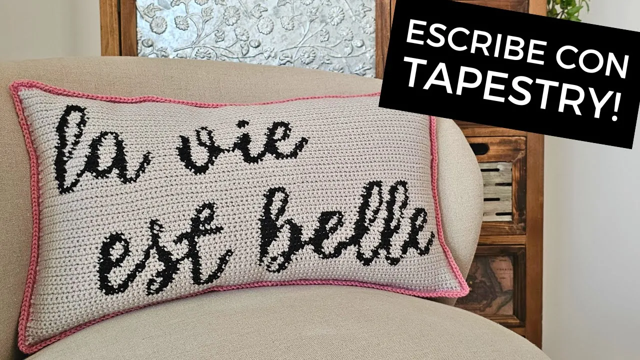 Cojín rectangular a crochet color claro con letras negras «La vie est belle» tejidas en tapestry y borde rosa.