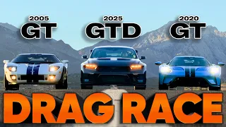 Mustang vs Supercar: GTD vs Ford GT vs Ford GT (w Roll Race) — Cammisa Ultimate Drag Race Replay
