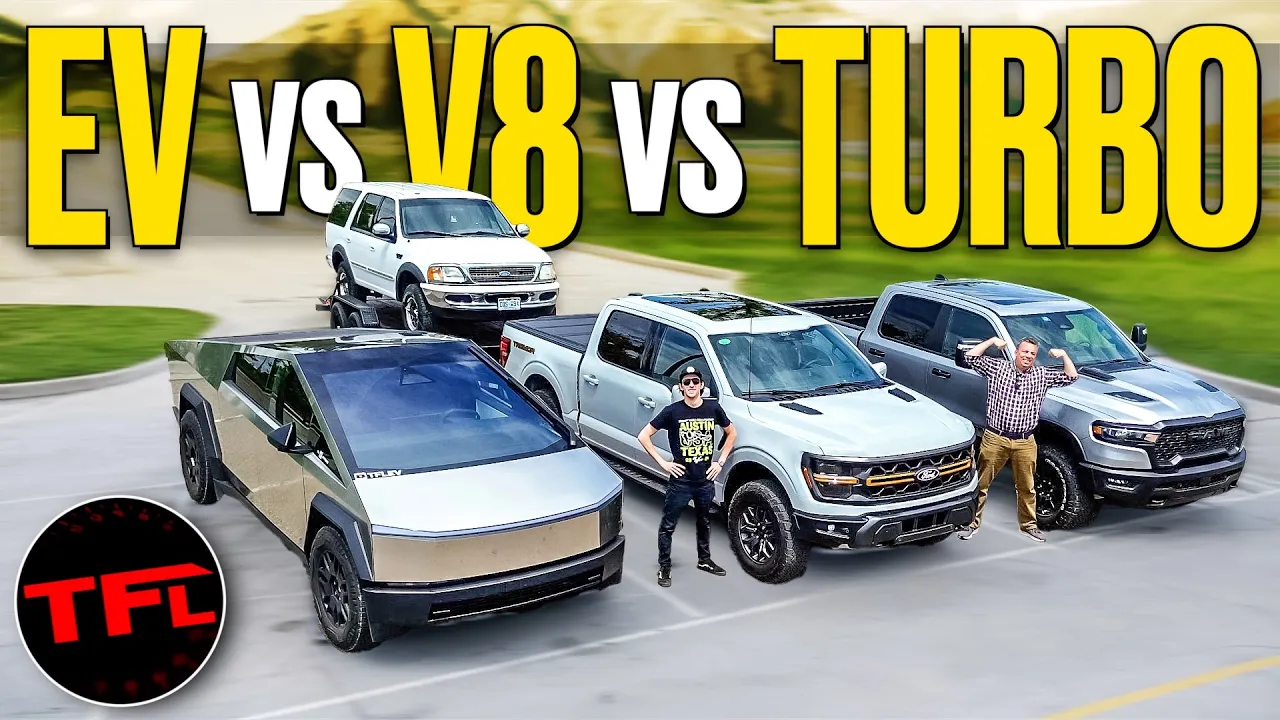 This Video Will Make EVERYONE Mad: Ford V-8 vs Ram Turbo I-6 vs Cybertruck Tow-off!