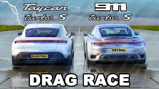 Porsche 911 Turbo S v Taycan Turbo S: WET DRAG RACE