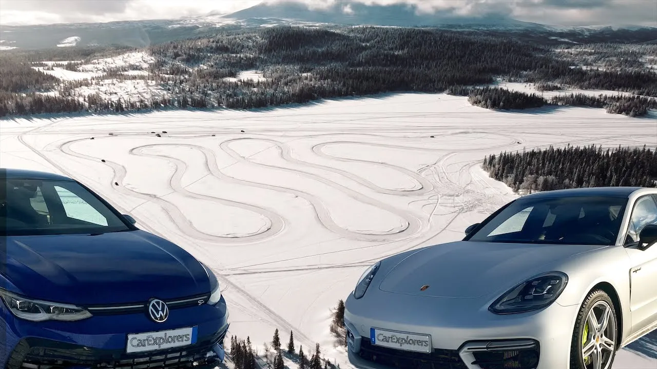 Iskörning: Porsche Panamera och Golf R sladdar på en frusen sjö
