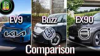 Kia EV9 vs VW ID.Buzz LWB vs Volvo EX90 – The Ultimate 6 & 7-Seater EV Comparison