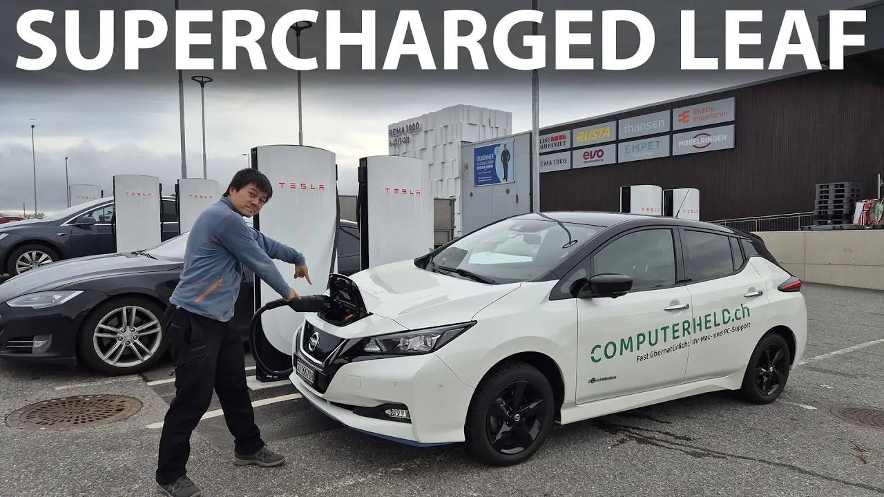 Nissan Leaf 62 kWh charging on Tesla Supercharger with adapter from EVniculus