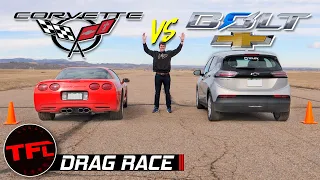 Old vs New Chevy: Can a New Chevy Bolt Beat a 25-Year-Old LS1 Powered Chevy Corvette In a Drag Race?