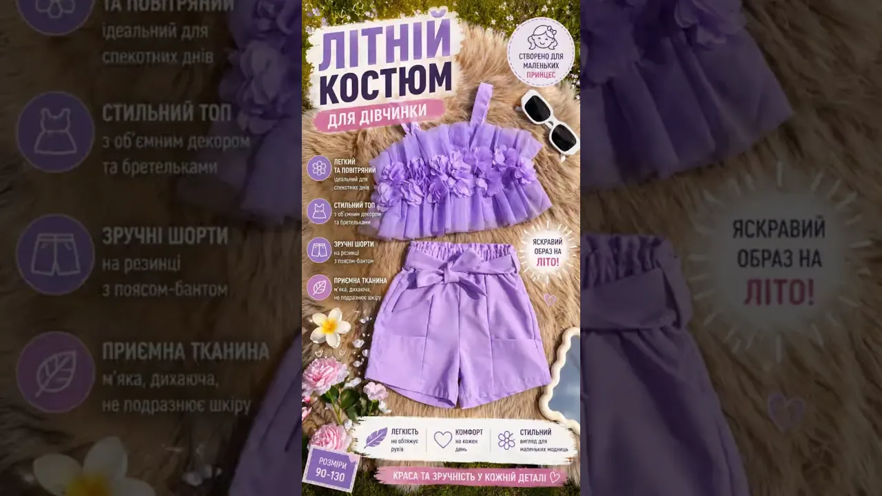 Костюм на лето для девочки топ и шорты цвет фиолет 11119