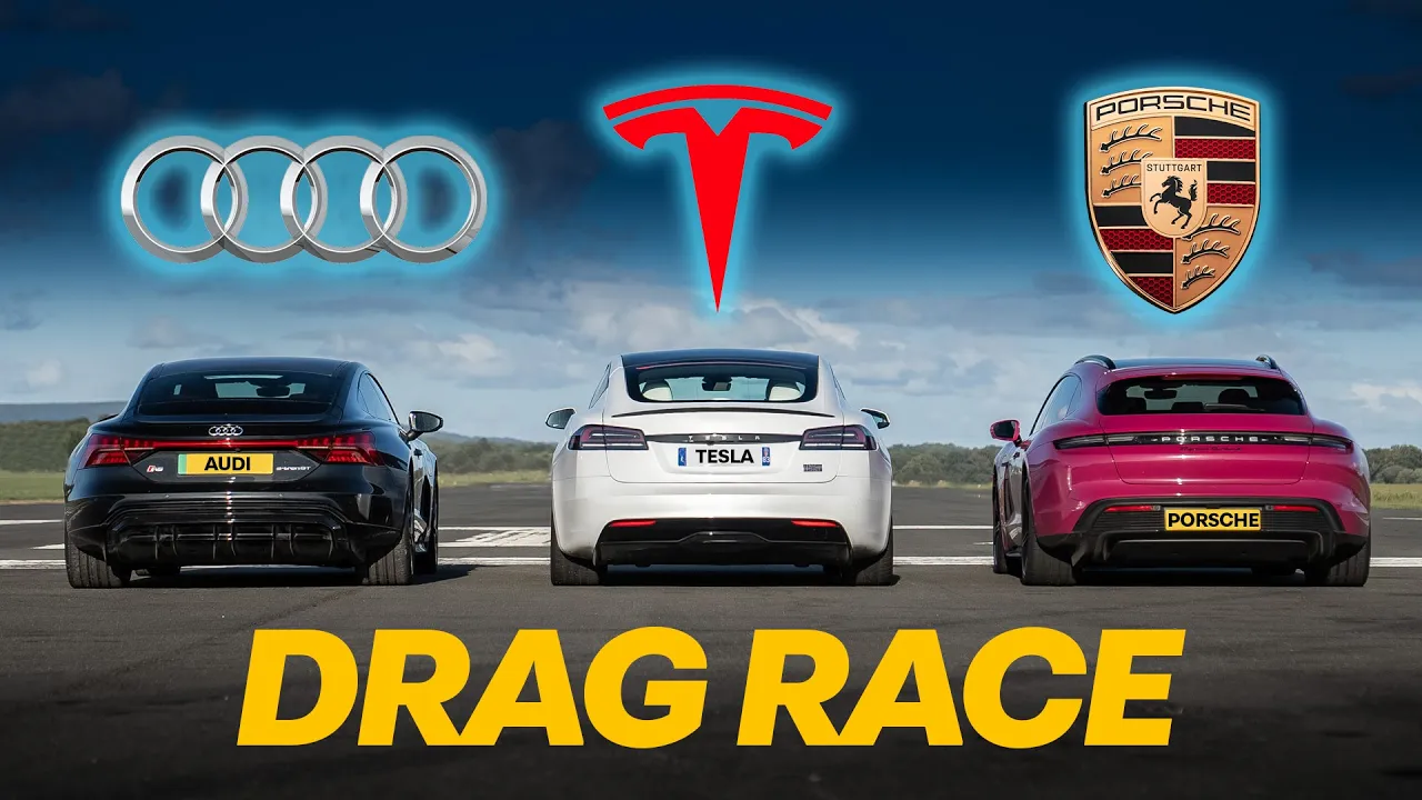 Tesla Model S Plaid TRACK PACKAGE vs Taycan Turbo S vs RS e-Tron GT: DRAG RACE | 4K