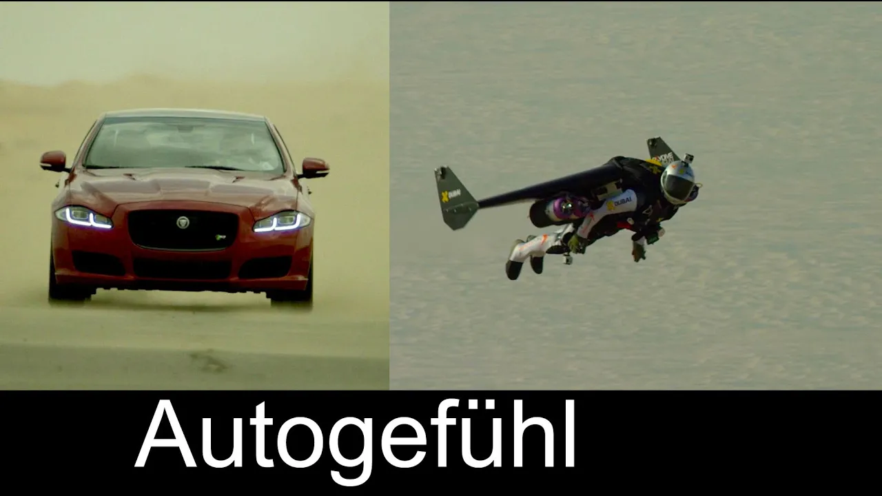 Incredible shots with New Jaguar XJR vs human Jet in desert race: Martin Brundle vs Yves Rossy