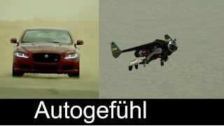 Incredible shots with New Jaguar XJR vs human Jet in desert race: Martin Brundle vs Yves Rossy