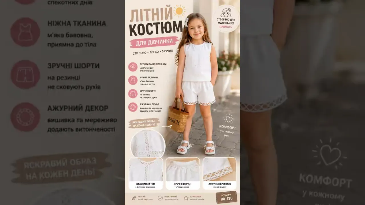 Костюм на лето для девочки с шортиками цвет белый 11110
