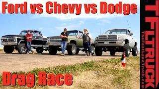 Classic Drag Race: Chevy K10 Big Green vs Ford F250 Rusty Boy vs Dodgezilla Ram Overkill