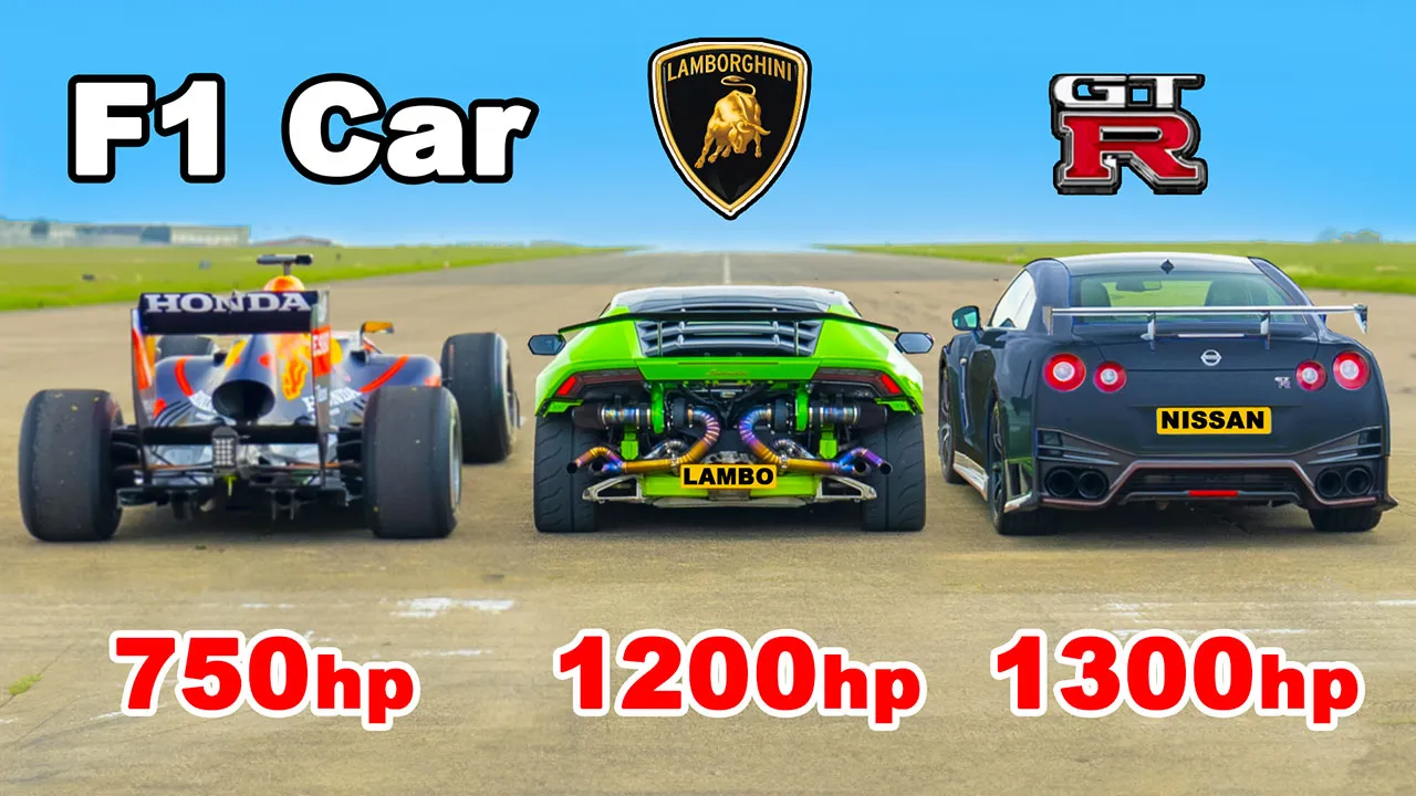 F1 Car v 1200hp Lamborghini v 1300hp GT-R NISMO: DRAG RACE