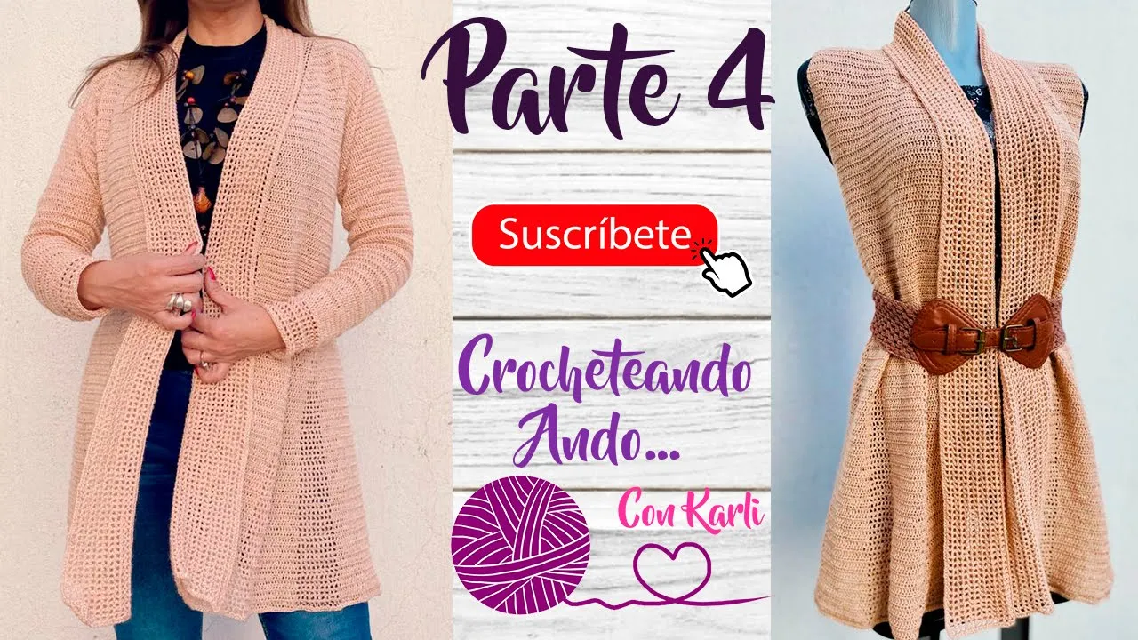 Cárdigan Casitas rosa claro a crochet, con frente abierto, mangas largas y textura de pequeños motivos repetidos.