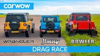 Suzuki Jimny vs Jeep Wrangler vs Bowler (Off-Road) - DRAG RACE, ROLLING RACE & BRAKE TEST