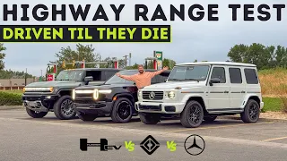 Highway Range Test! Rivian R1S Dual Max vs Mercedes G580e vs Hummer EV