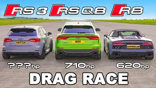 Audi R8 v Tuned RS3 & RSQ8: DRAG RACE