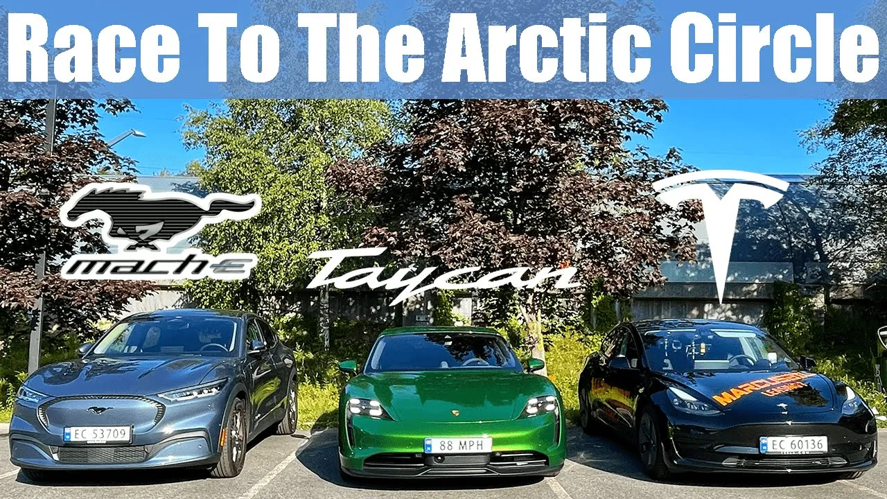Race To The Arctic Circle Part 1 | Mach-E vs Taycan vs Model 3 with @bjornnyland