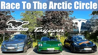 Race To The Arctic Circle Part 1 | Mach-E vs Taycan vs Model 3 with @bjornnyland